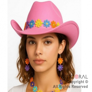 SET DISFRAZ PRIMAVERAL CON SOMBRERO ROSA COLLAR Y ARITOS CON FLORES